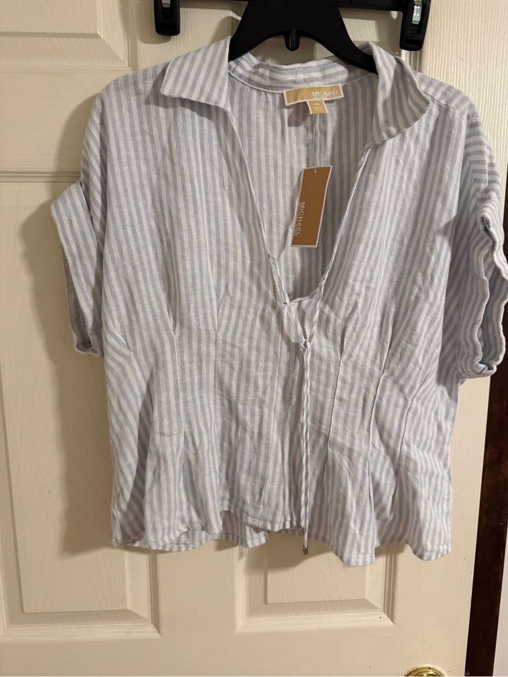 Michael Kors Light Blue & White Striped V-Neck Tie Tunic